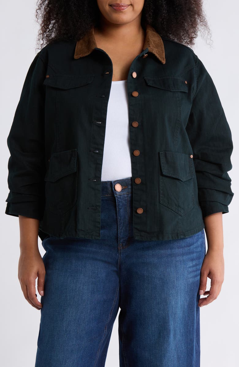 Democracy Ruched Sleeve Cotton Shirt Jacket, Main, color, Black