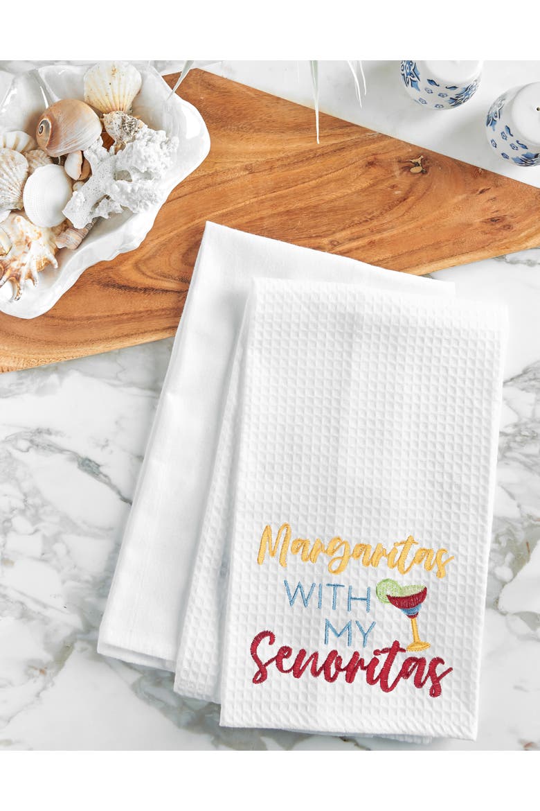 Margaritas With Senoritas Embroidered Cotton Waffle Weave Kitchen Dishtowel, Alternate, color, White