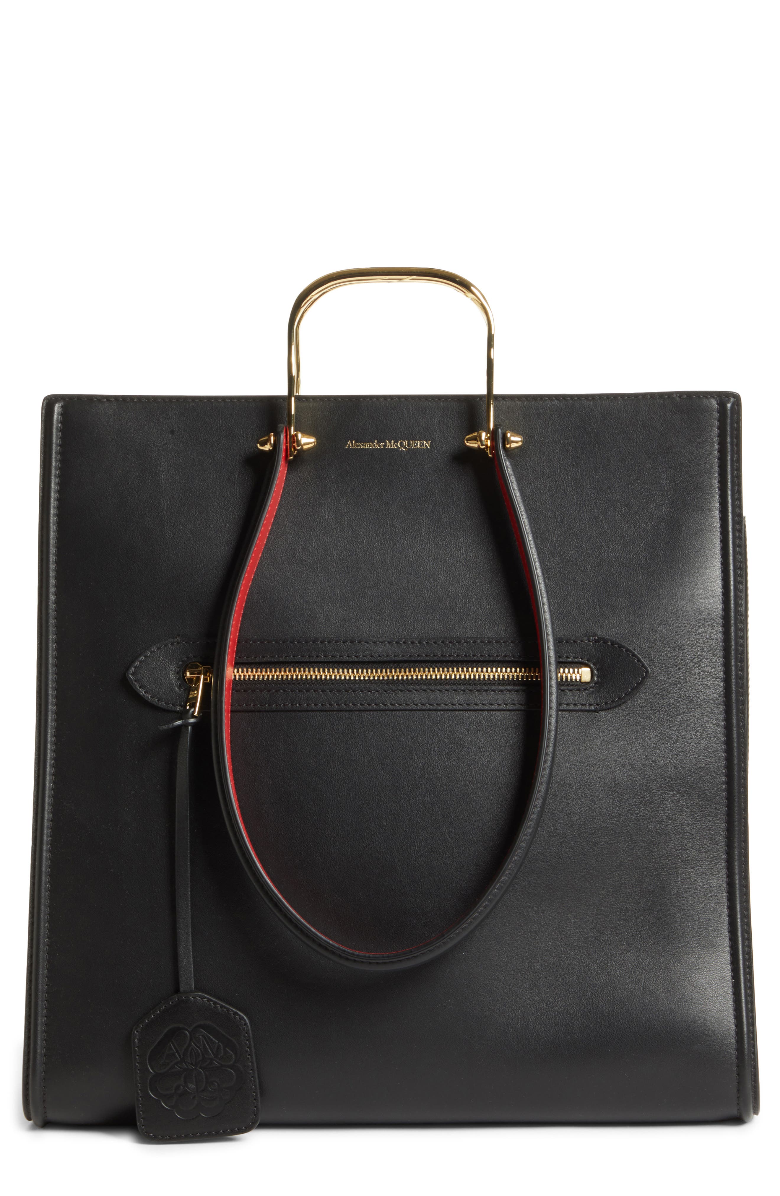 Alexander McQueen The Tall Story Leather Tote, Main, color, BLACK ROSE