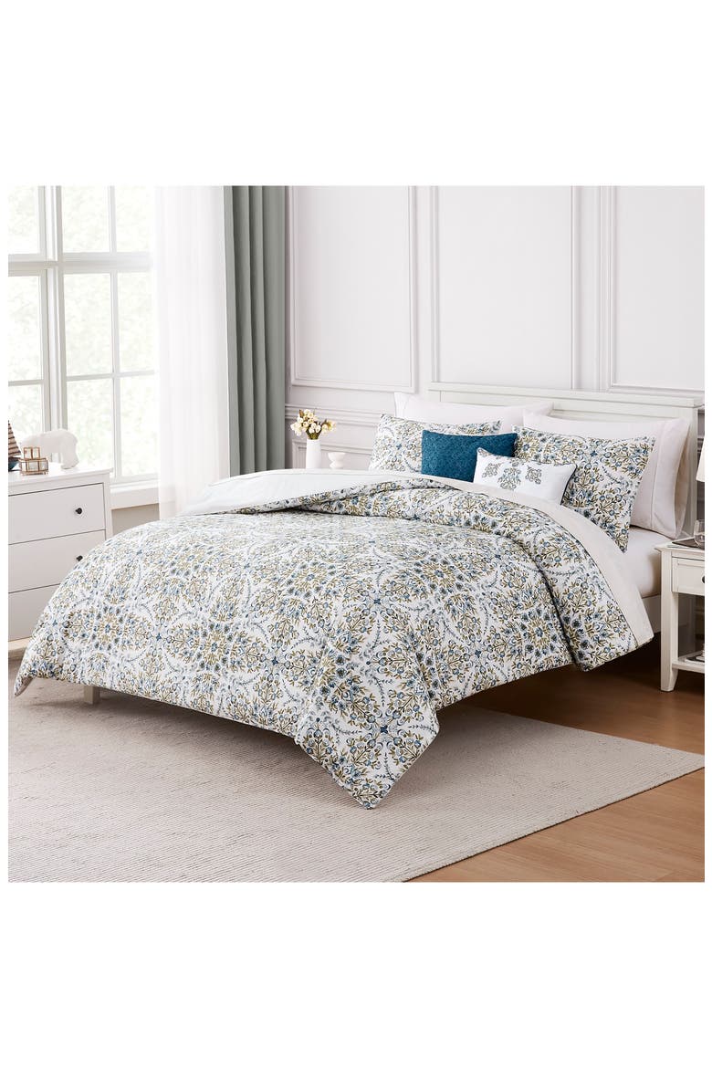 Floral Print Microfiber 5-Piece Comforter Set, Alternate, color, WHITE/ GOLD