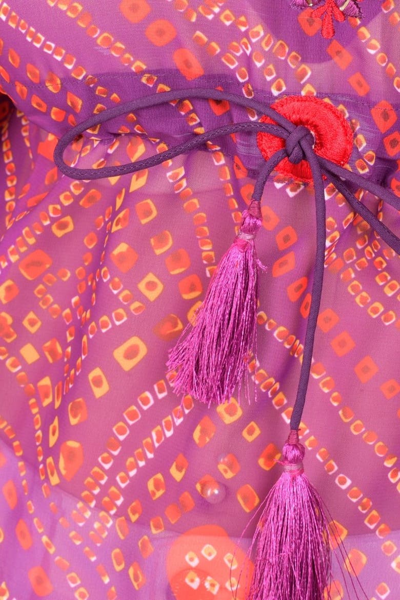 Mirror Embroidered Bandhani Georgette Kaftan Top, Alternate, color, Purple