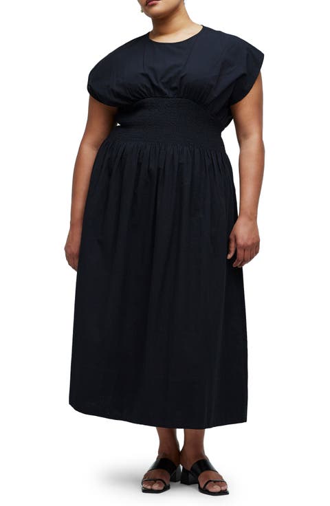Stripe Smocked Waist Seersucker Midi Dress