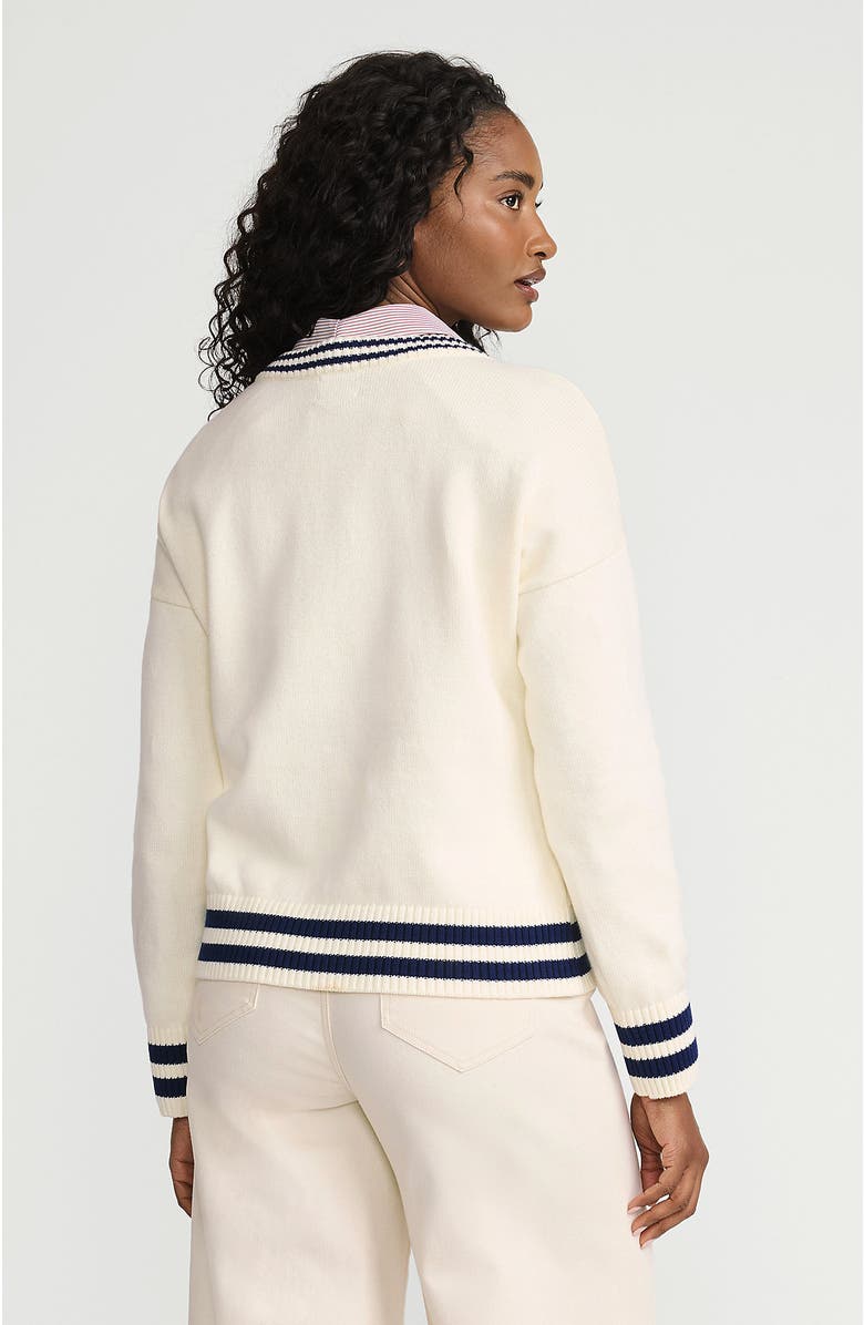 Lands' End Cotton Drifter Shaker V-neck Sweater, Alternate, color, Fresh Ivory Navy Tipping