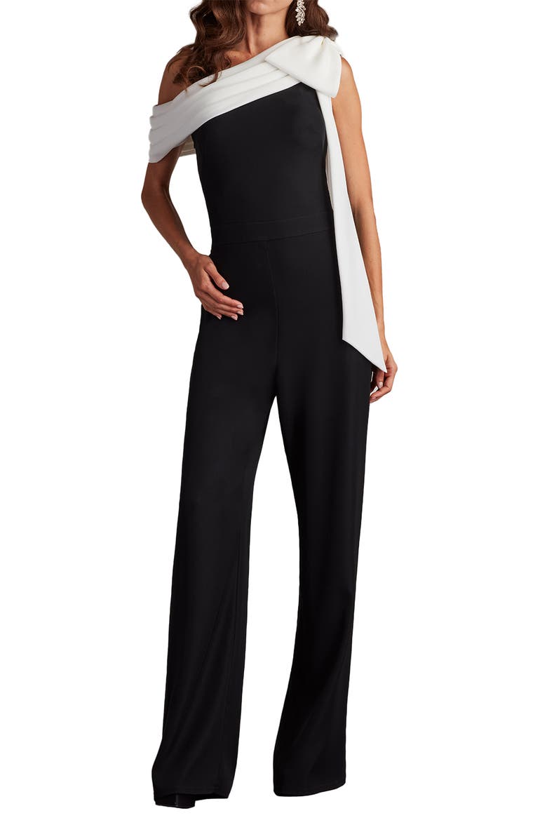 Tadashi Shoji Bow One-Shoulder Crepe Jumpsuit, Main, color, Black/ White