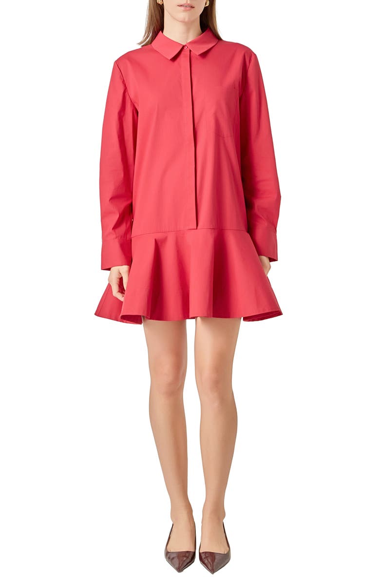 English Factory Ruffle Hem Long Sleeve Mini Shirtdress, Main, color, Red