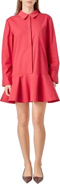 English Factory Ruffle Hem Long Sleeve Mini Shirtdress