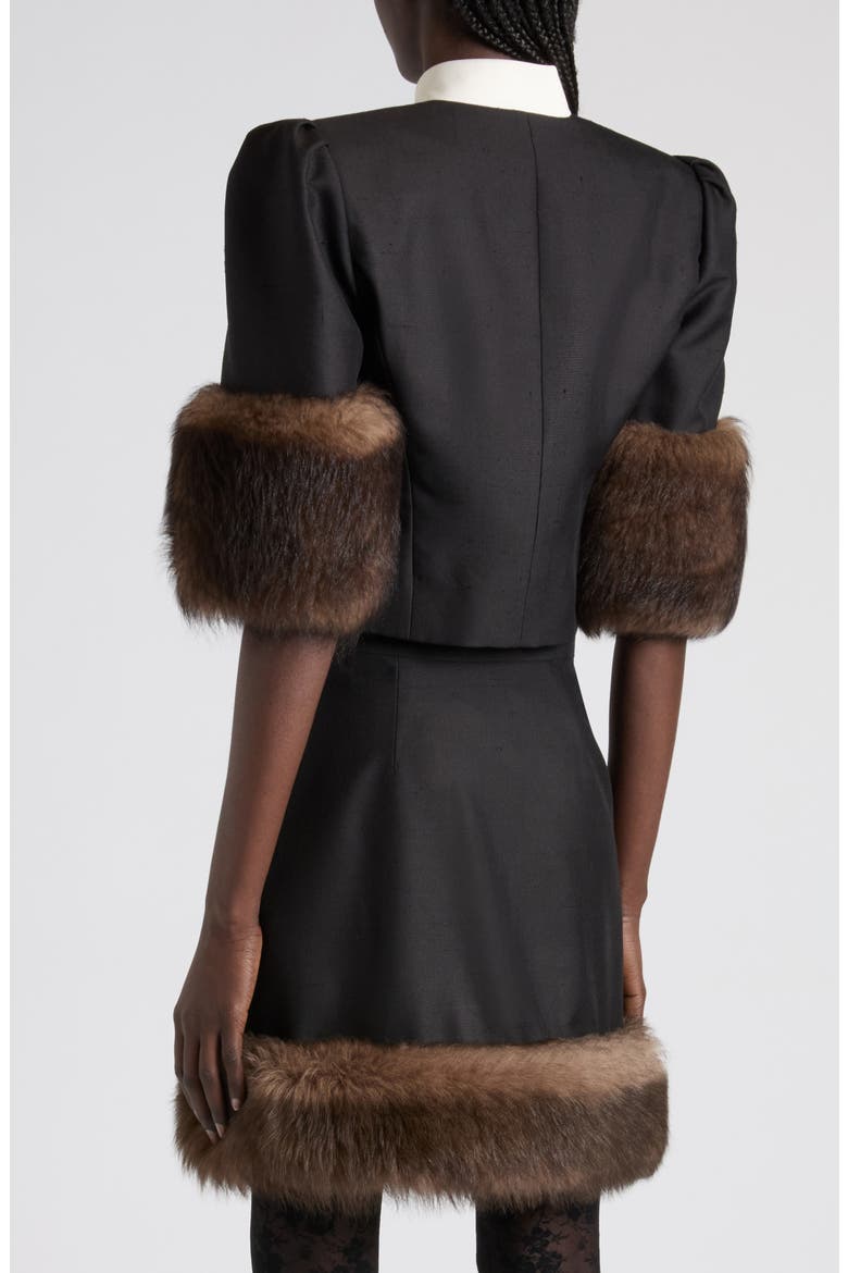 Genuine Shearling Trim Silk Shantung Jacket, Alternate, color, BLACK