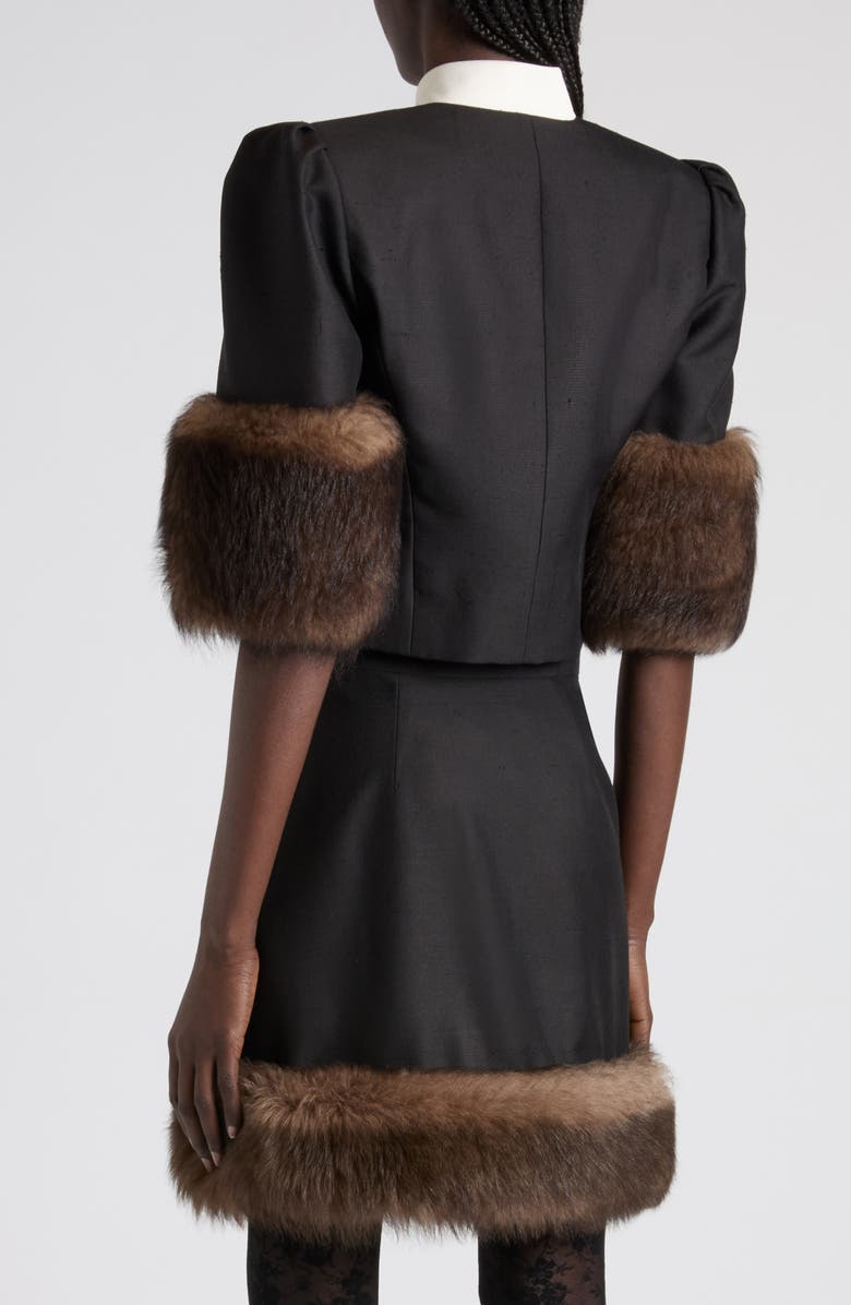 Valentino Genuine Shearling Trim Silk Shantung Jacket, Alternate, color, Black