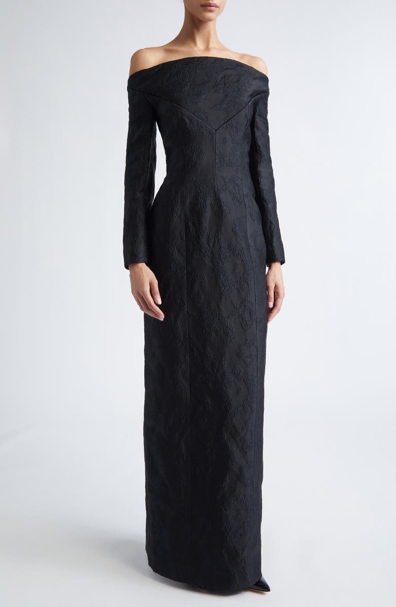 Emilia Wickstead Zarith Off the Shoulder Long Sleeve Bouclé Jacquard Evening Gown, Main, color, Black