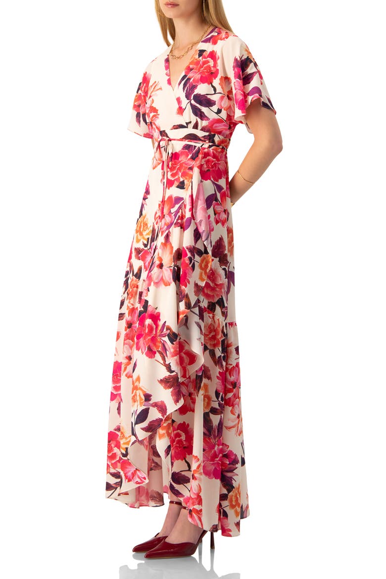Crossed V-Neck Wrap  Floral Maxi Dress, Alternate, color, Ivory