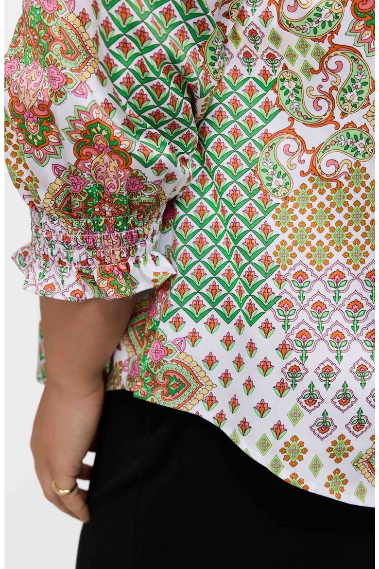Olivia Patchwork Print Smocked Cuff Cotton Button-Up Shirt, Alternate, color, GREEN MULTI