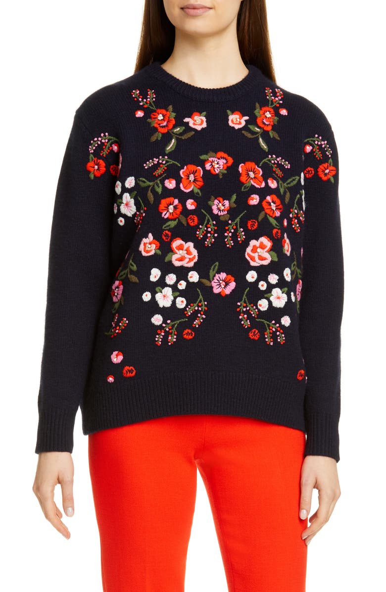 Lela Rose Floral Embroidered Mock Neck Sweater, Main, color, 