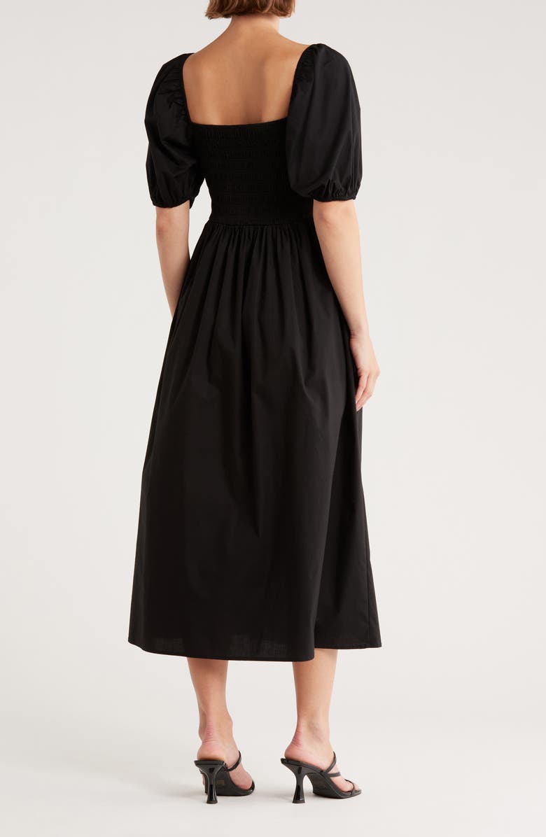 WAYF Puff Sleeve Smocked Midi Dress, Alternate, color, Black