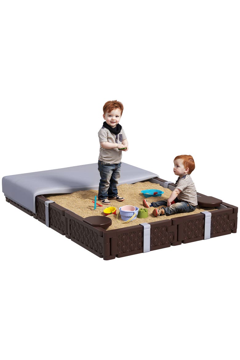 Kids Sandbox with Cover, Built-in Seating & Bottom Liner, Main, color, Brown