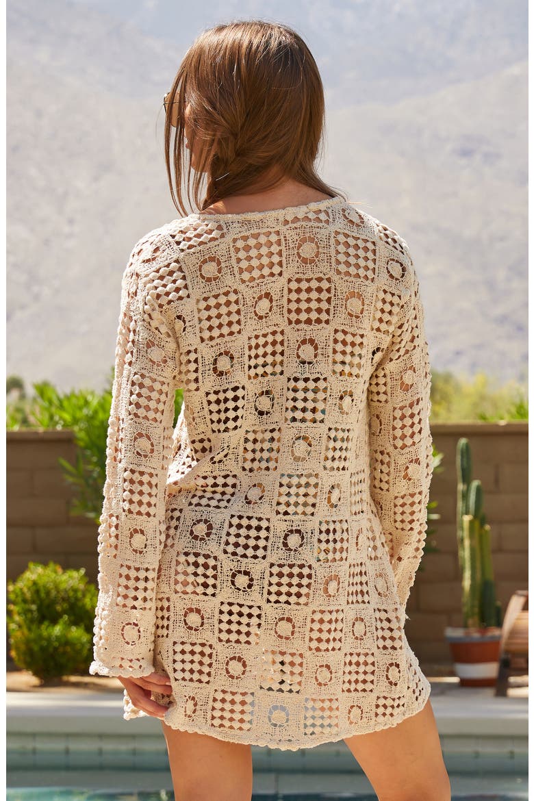 Tulum Long Sleeve Open Stitch Cotton Cover-Up Tunic, Alternate, color, NATURAL