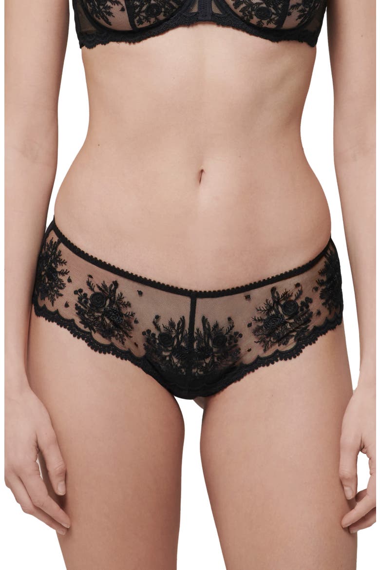 Intrigue Floral Embroidered Boyshorts, Main, color, BLACK