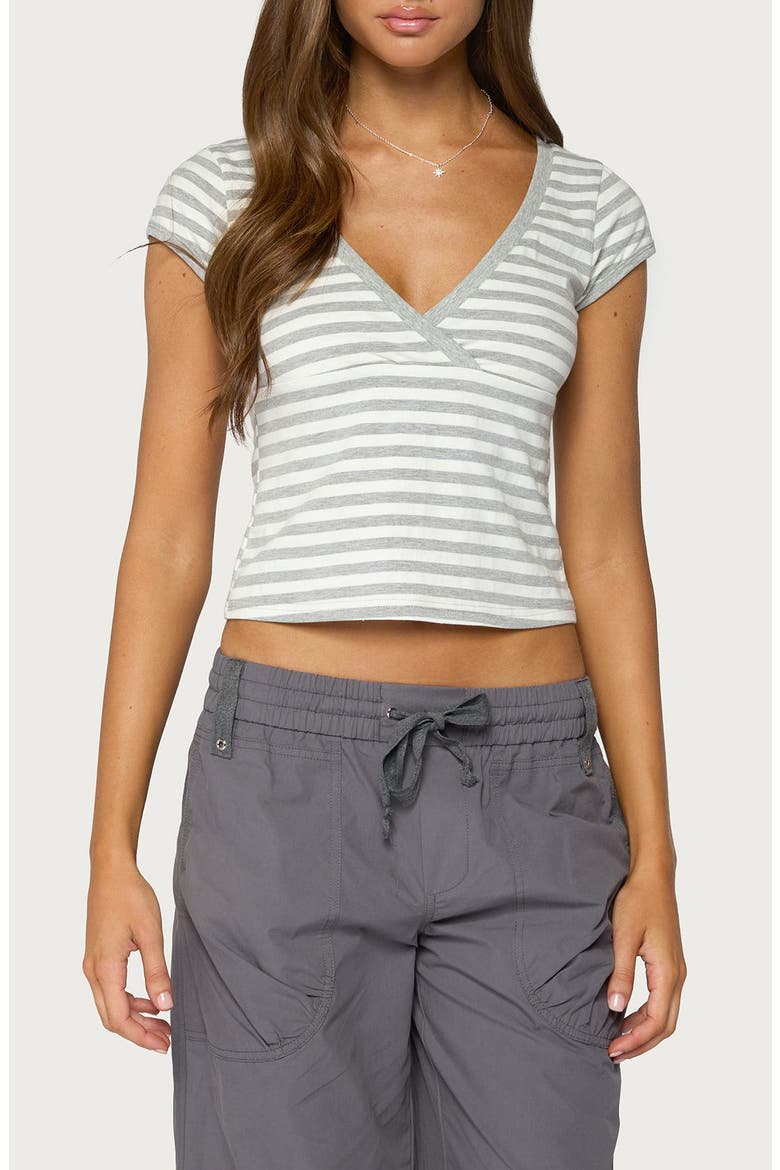 Laia Striped V-Neck T-Shirt, Main, color, GRAY-MELANGE-AND-WHITE