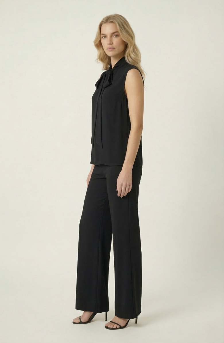 Modenaire Sleeveless Tie Neck Blouse and Wide Leg Pant Set, Alternate, color, Black