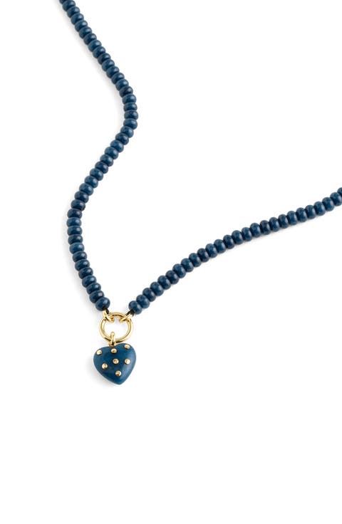 Polka Dot Stone Heart Pendant Beaded Necklace