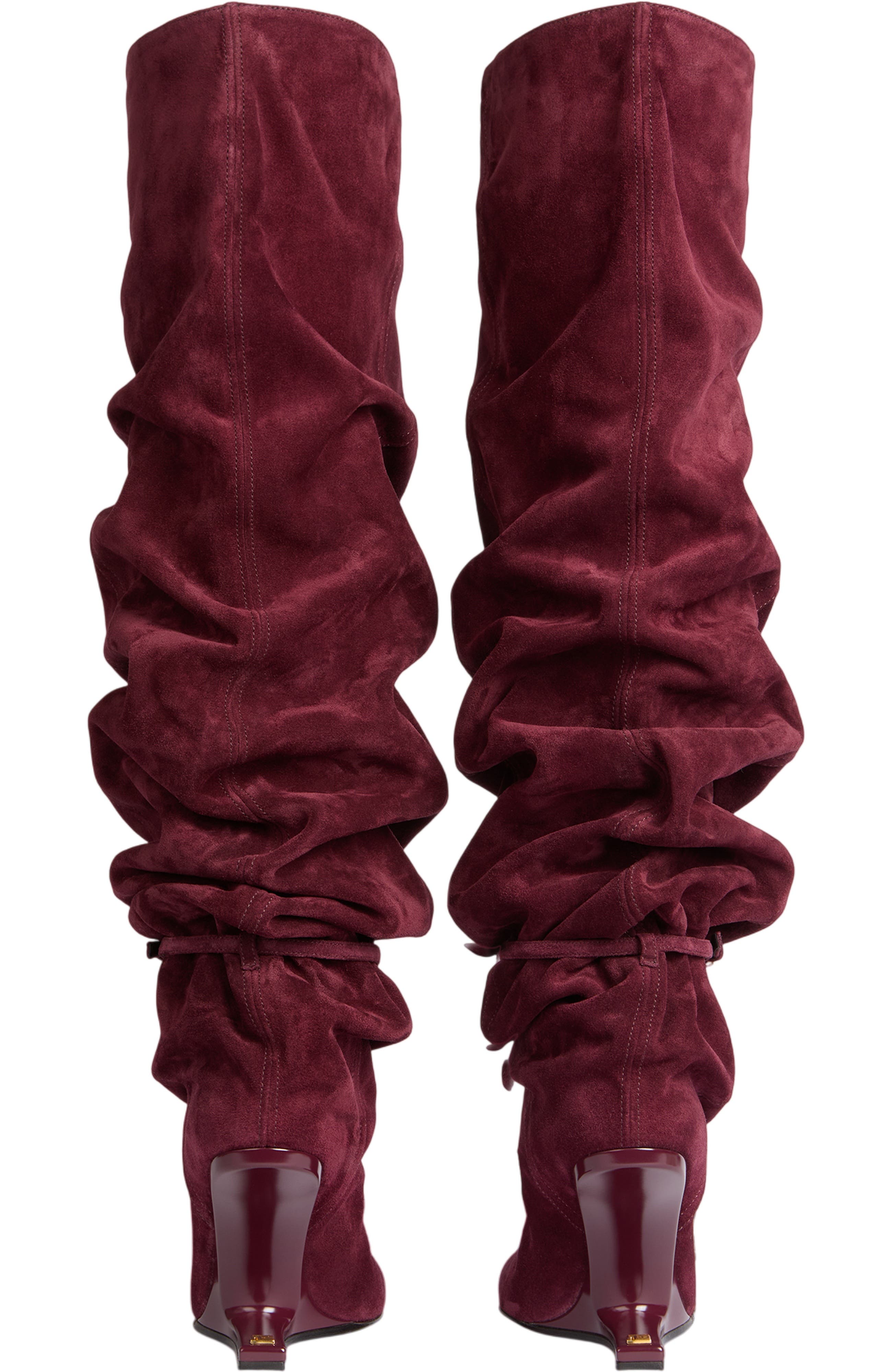 Balmain No Wedge suede leather thigh-high boots with tassel, Alternate, color, Red