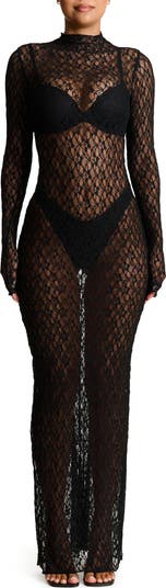 Naked Wardrobe Mock Neck Long Sleeve Sheer Lace Maxi Dress | Nordstromrack Naked Wardrobe Mock Neck Long Sleeve Sheer Lace Maxi Dress | Nordstromrack
