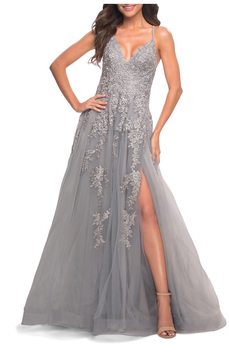 La Femme Tulle Prom Dress with Lace Detail in Silver, Main, color, Silver