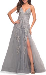 La Femme Tulle Prom Dress with Lace Detail in Silver