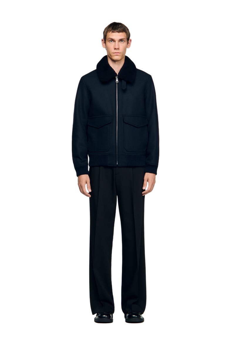 Wool aviator jacket with shearling, Alternate, color, Navy blue