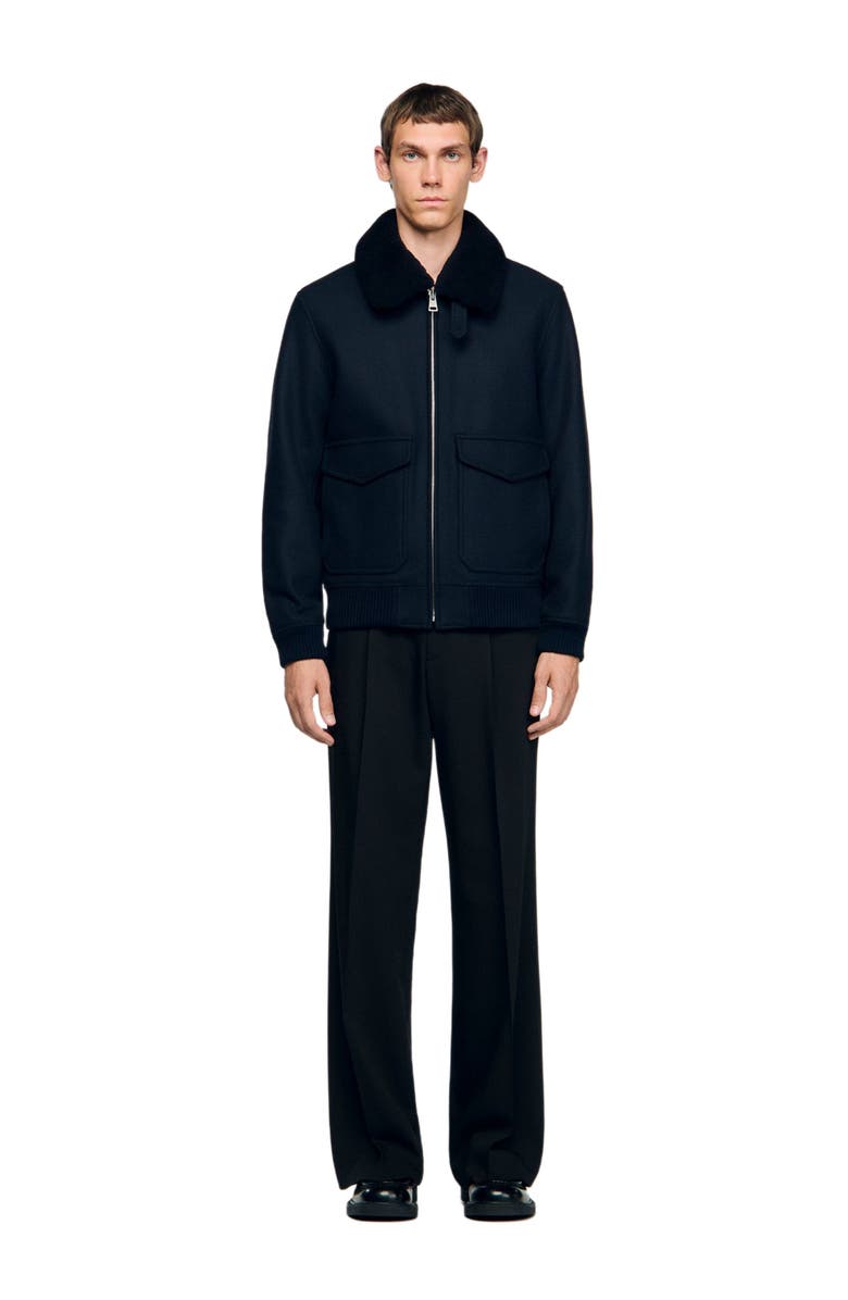 SANDRO Wool aviator jacket with shearling, Alternate, color, Navy Blue