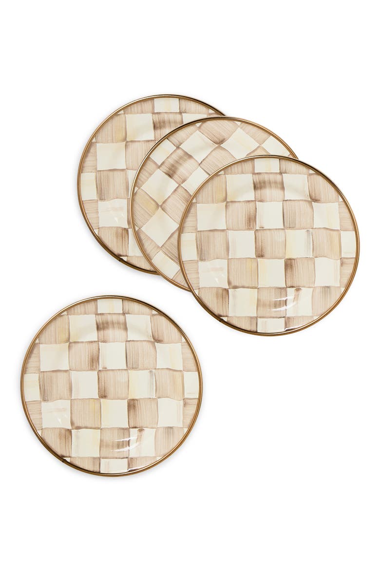Mocha Check Set of 4 Enameled Steel Appetizer Plates, Alternate, color, MOCHA