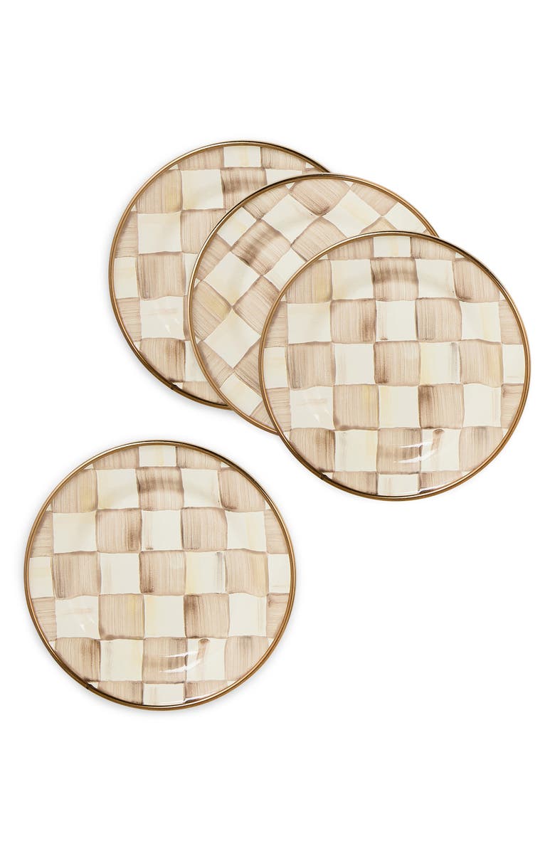 MACKENZIE CHILDS Mocha Check Set of 4 Enameled Steel Appetizer Plates, Alternate, color, Mocha