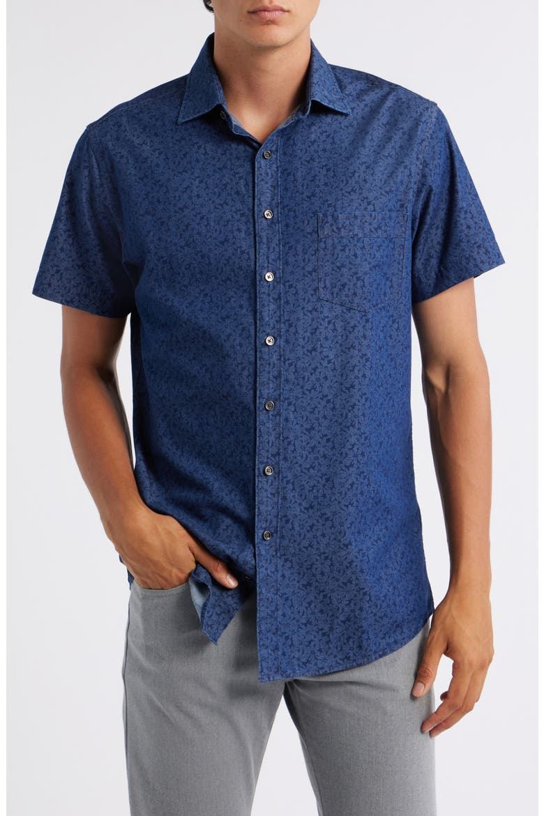 Clarkes Bay Floral Short Sleeve Cotton Button-Up Shirt, Main, color, DENIM