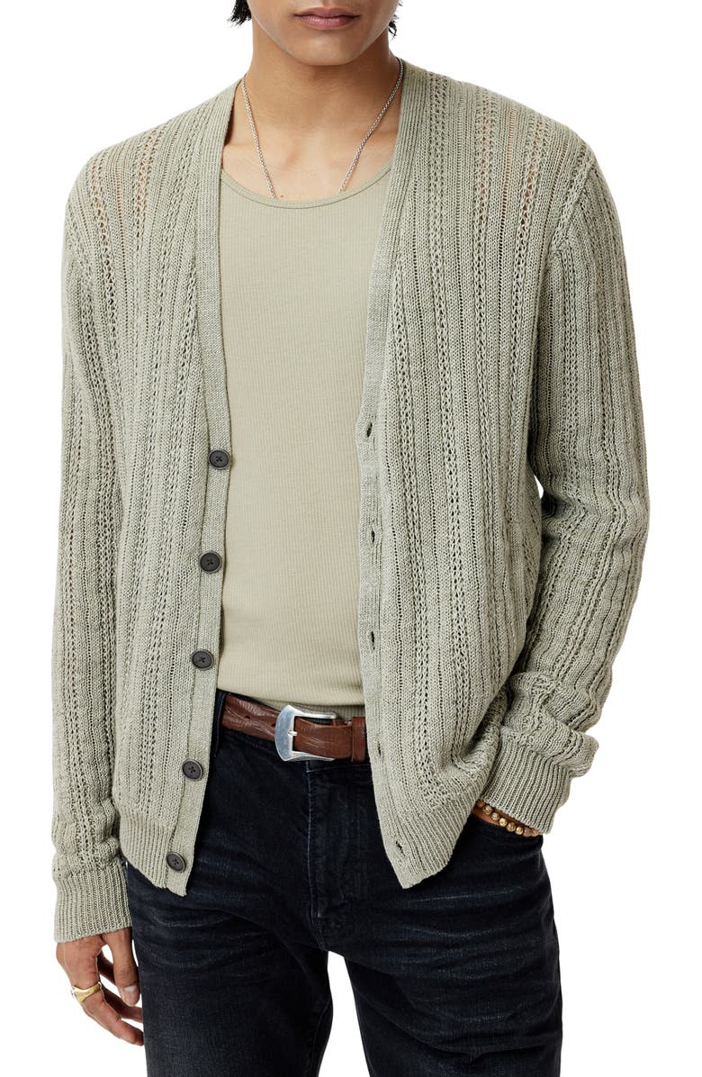 John Varvatos Kliment Mixed Media Linen Cardigan, Main, color, Sage Brush