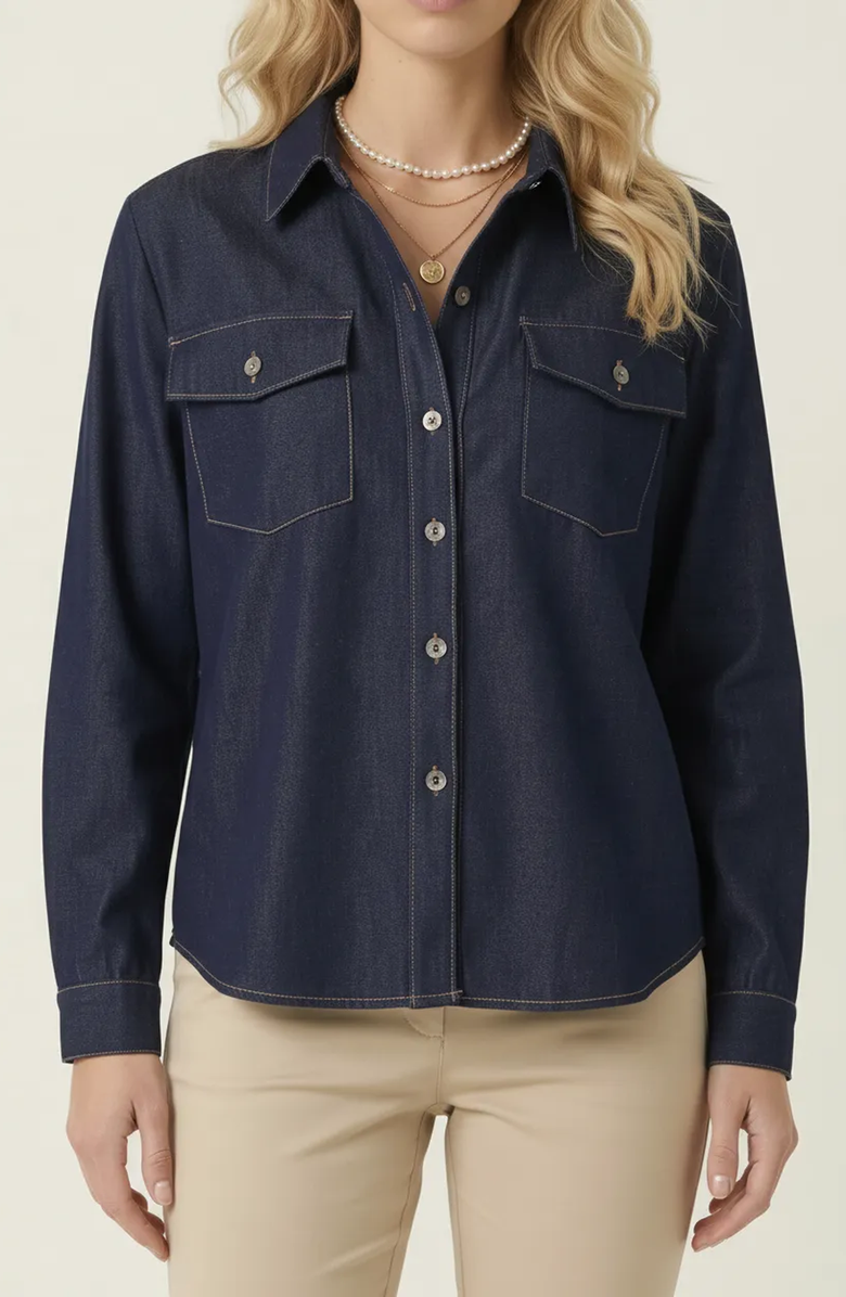 Modenaire Denim Button Up Shirt, Main, color, Dark Blue