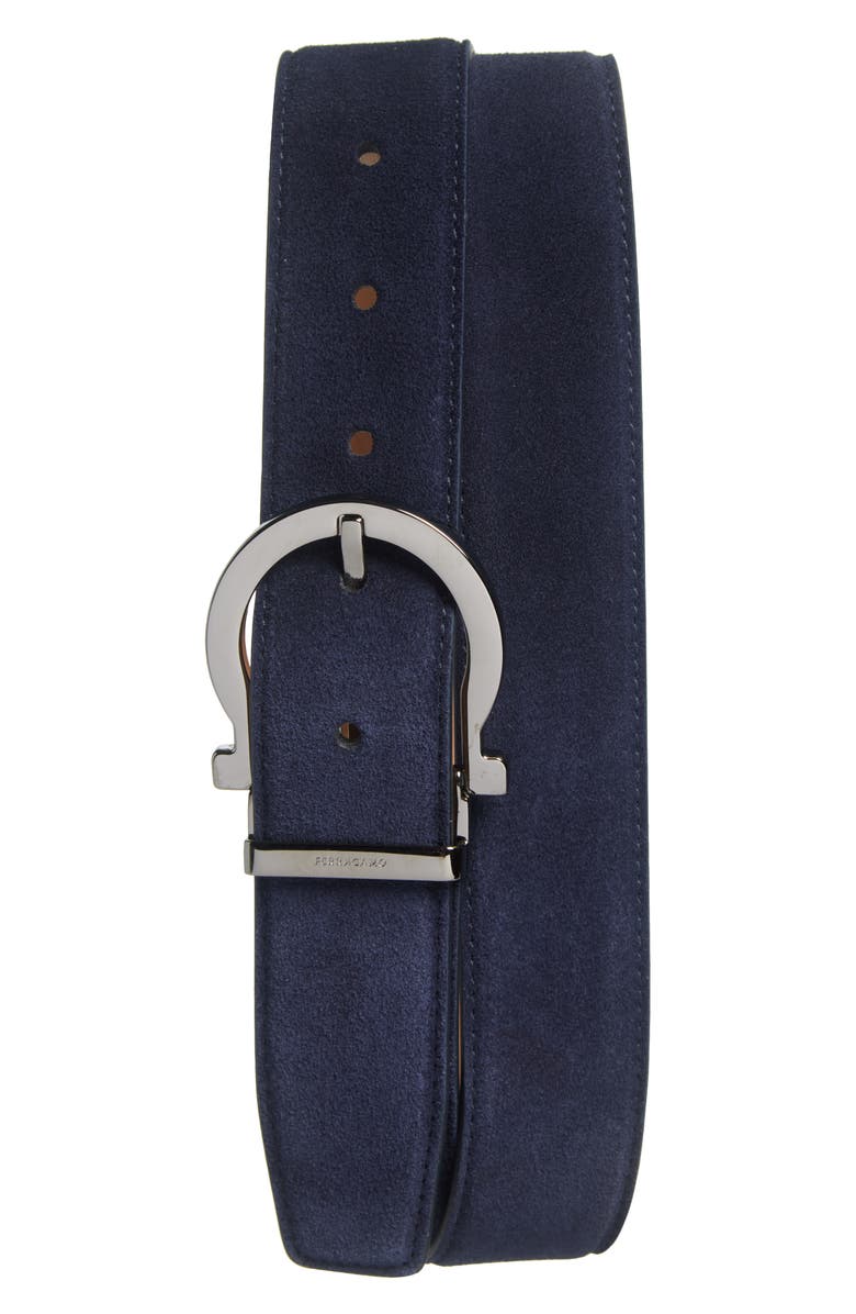 FERRAGAMO Single Gancio Suede Belt, Main, color, Navy Naturale Beige Tortora