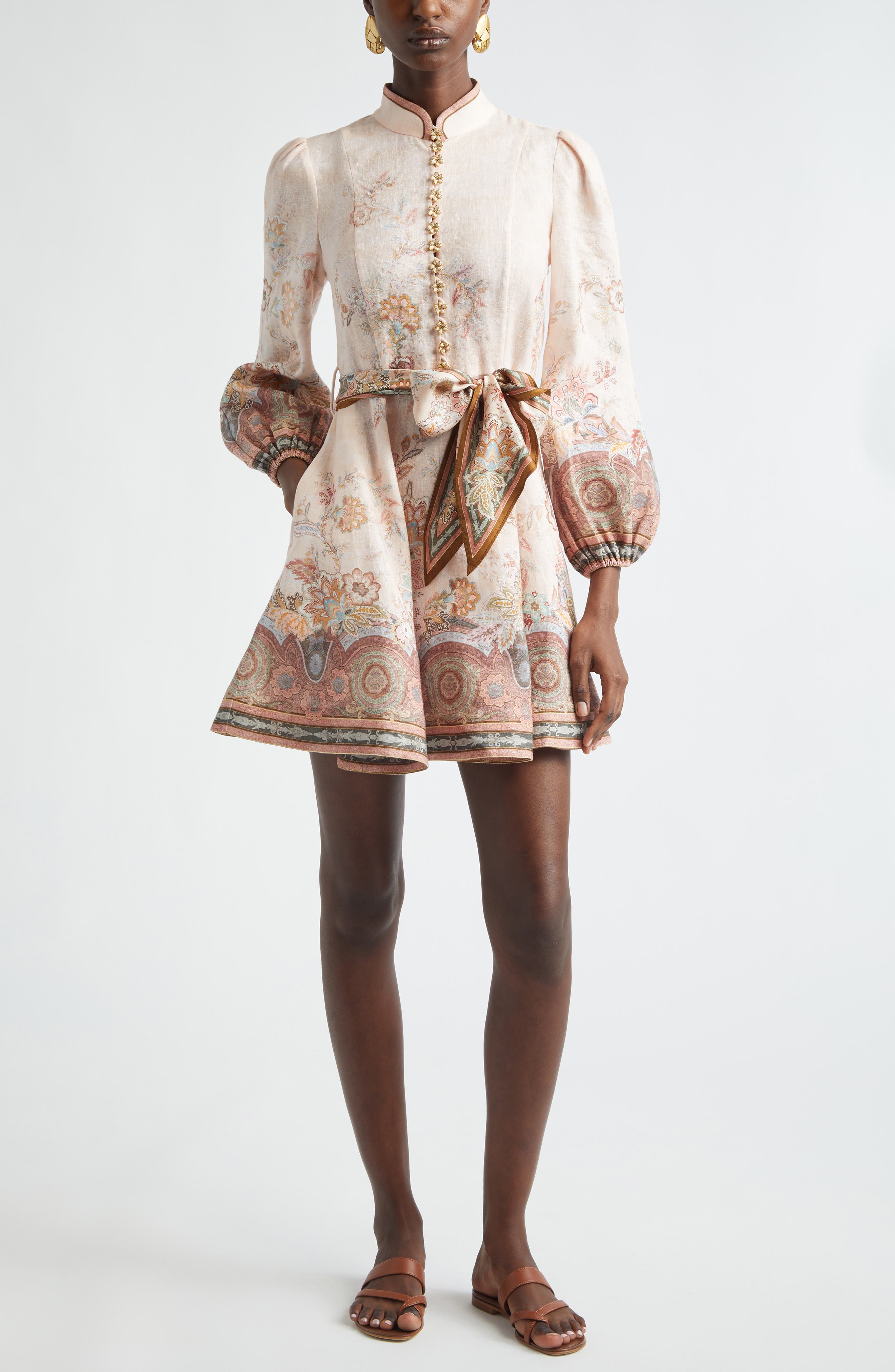 Zimmermann Alchemy Paisley Long Sleeve Belted Linen Minidress In Neutral