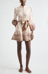 Zimmermann Alchemy Paisley Long Sleeve Belted Linen Minidress