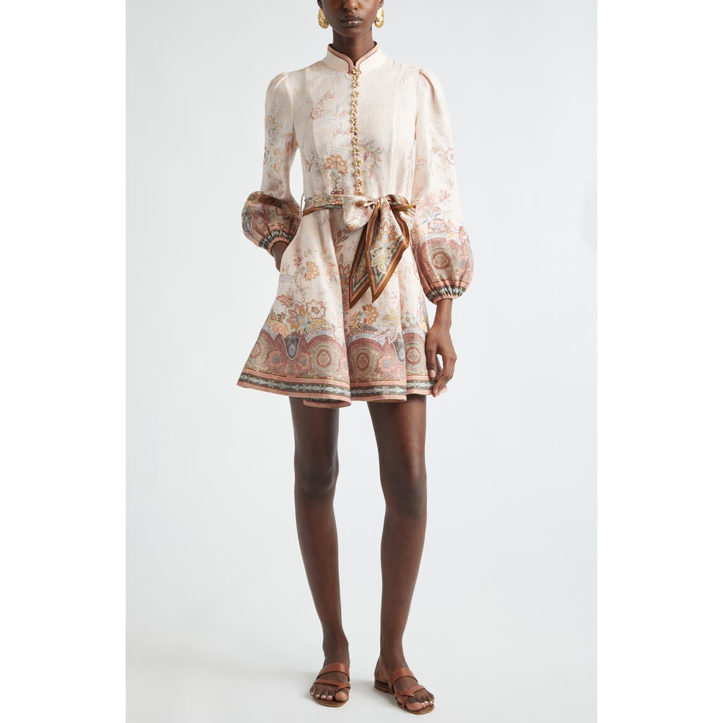 Zimmermann Alchemy Paisley Long Sleeve Belted Linen Minidress In Neutral
