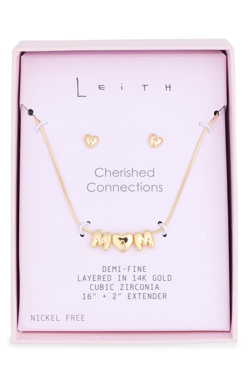 Leith Demi-fine Cubic Zirconia Heart Stud Earrings & Mom Pendant Necklace Set In Clear- Gold