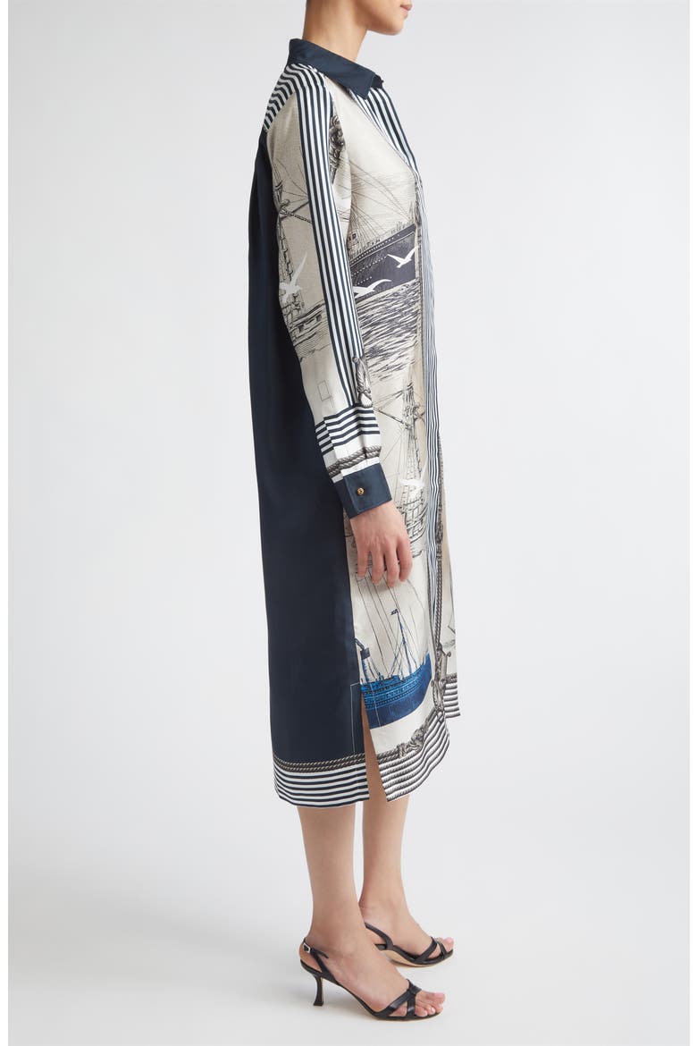 Mariner Print Long Sleeve Silk Midi Shirtdress, Alternate, color, STONE