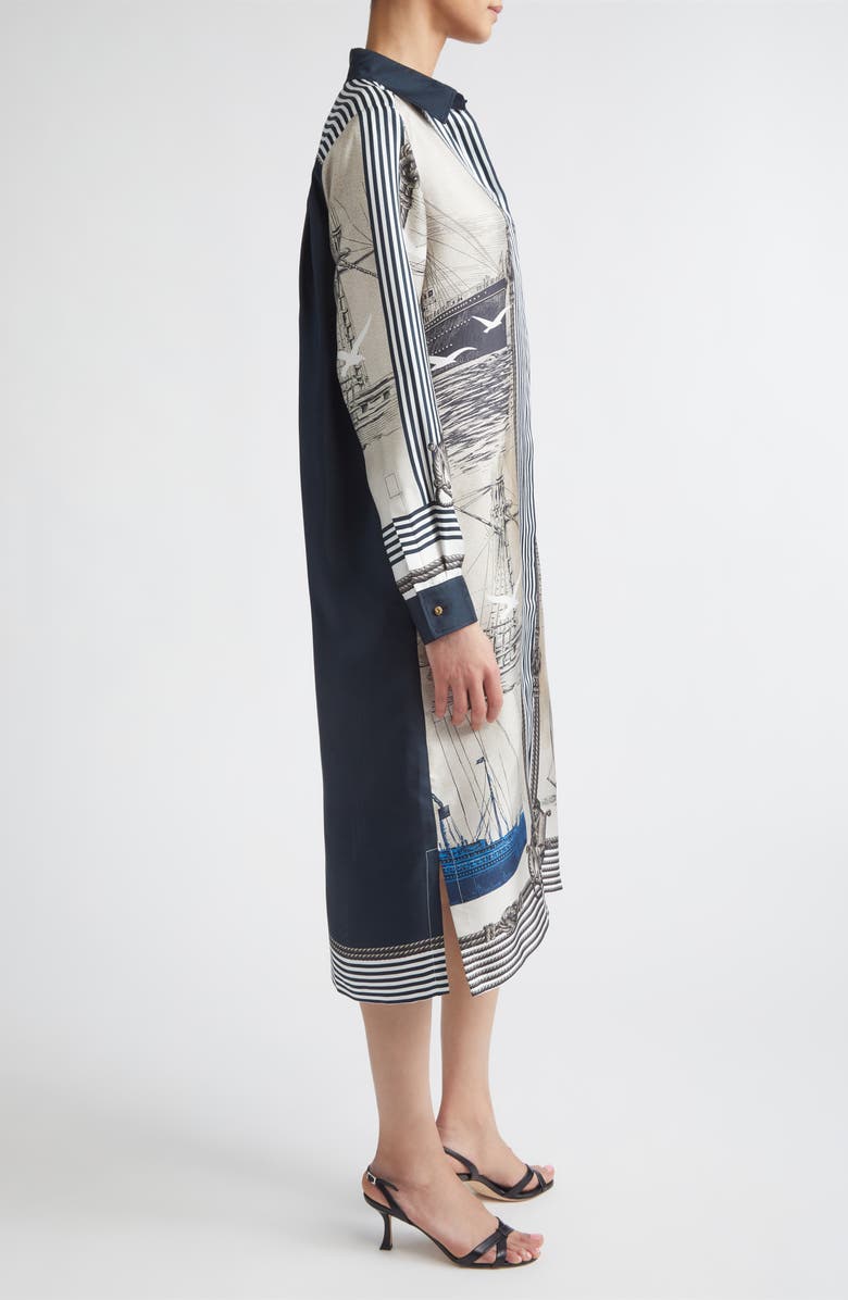 Max Mara Mariner Print Long Sleeve Silk Midi Shirtdress, Alternate, color, Stone