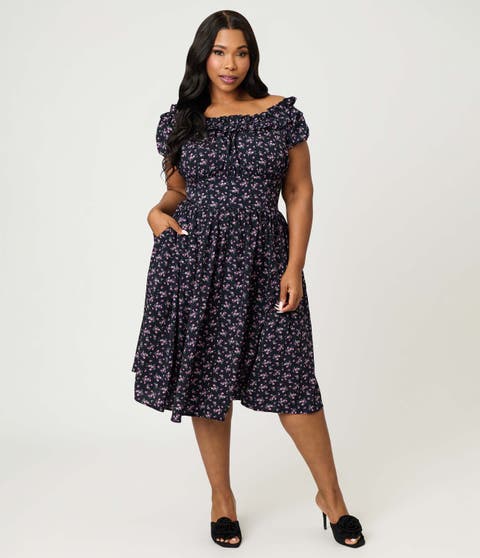 Plus Size 1950s Off The Shoulder Ruffle Swing Dress