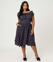 Unique Vintage Plus Size 1950s Off The Shoulder Ruffle Swing Dress