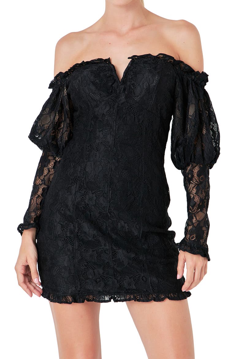 Off the Shoulder Long Sleeve Minidress, Alternate, color, BLACK