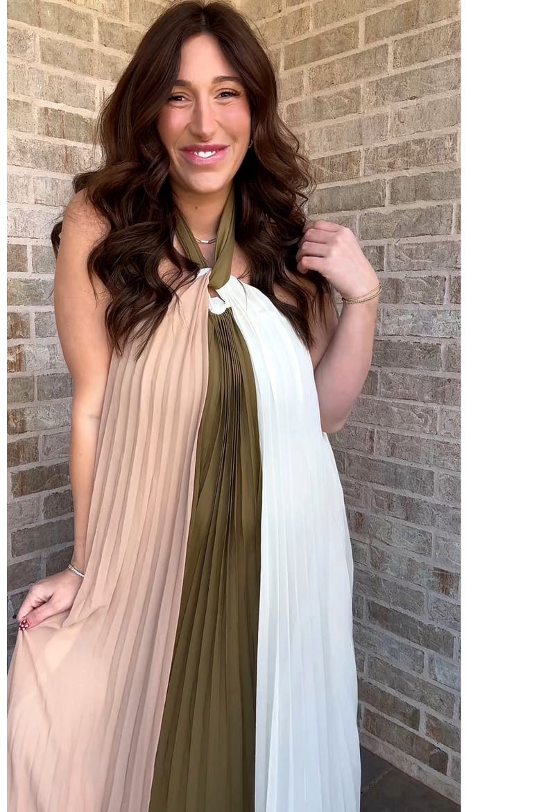 Pleated Halter Neck Maxi Dress, Alternate, color, Olive Green
