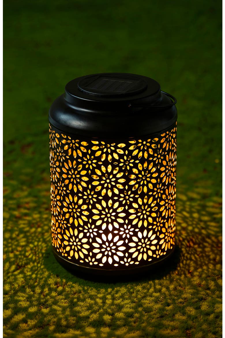Metal Cutout Flower Solar Powered Outdoor Hanging Lantern with LED Light, Alternate, color, Black
