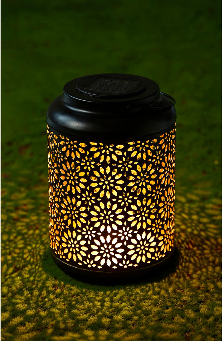 Glitzhome Metal Cutout Flower Solar Powered Outdoor Hanging Lantern with LED Light, Alternate, color, Black
