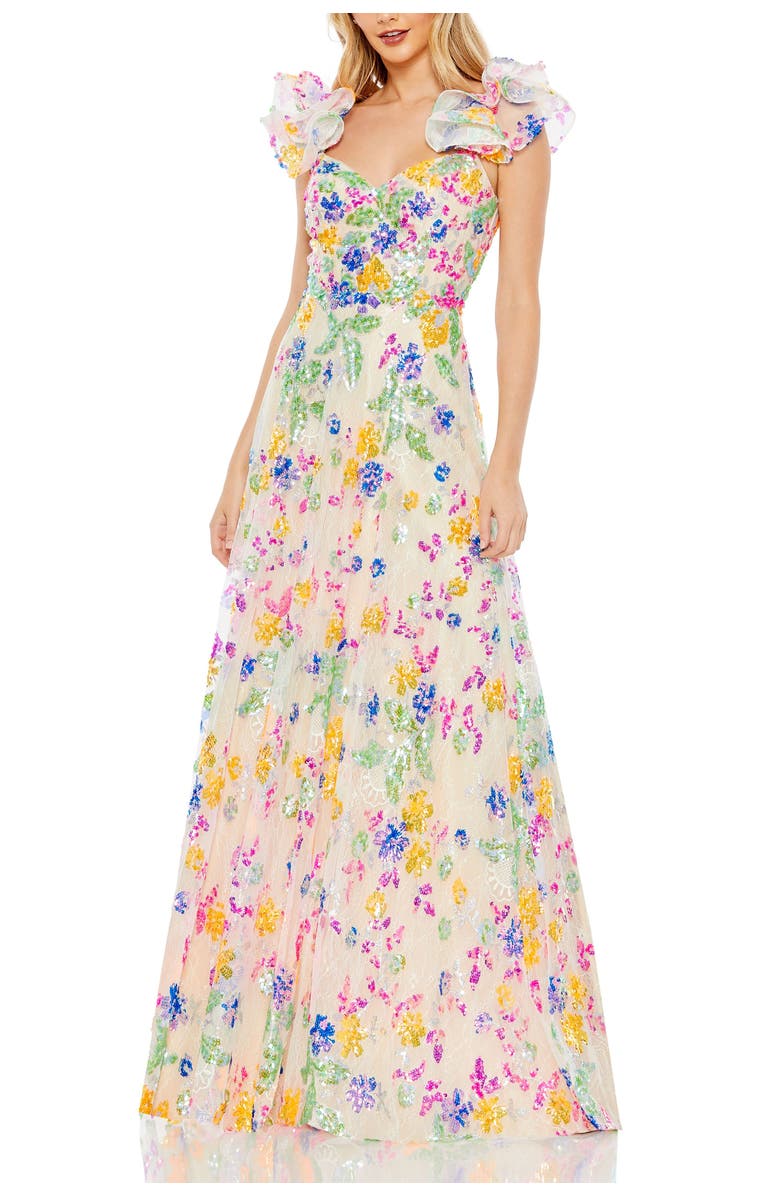 Mac Duggal Embellished Ruffle Cap Sleeve Gown, Main, color, White Multi