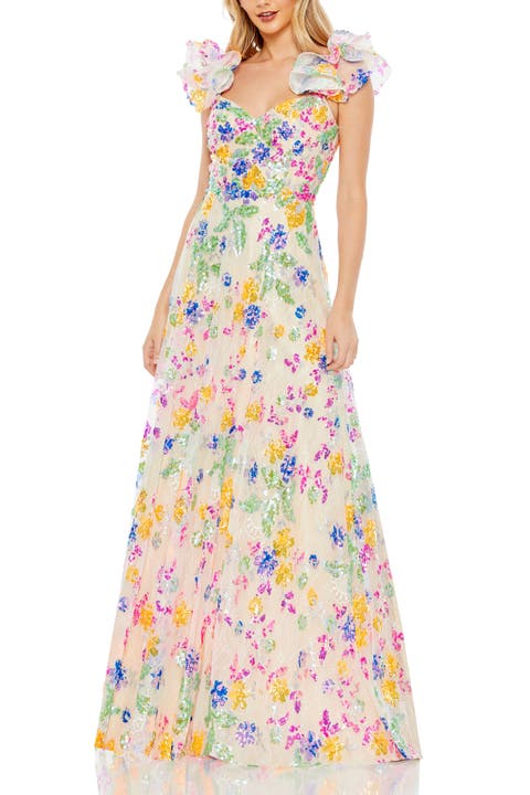 Embellished Ruffle Cap Sleeve Gown