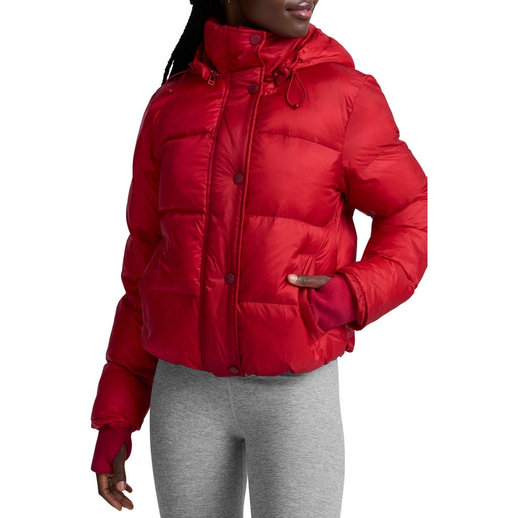 Beyond Yoga Big Cozy Puffer Hooded Jacket In Holly Red